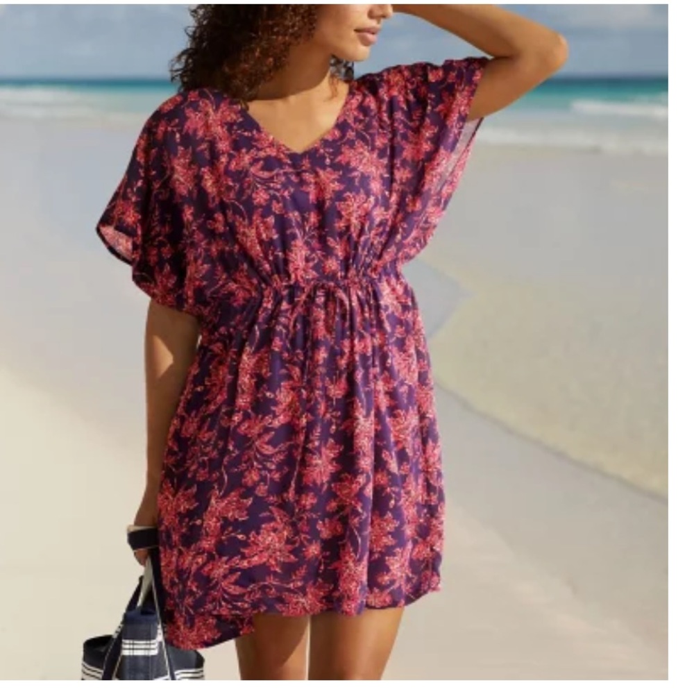 Lands End Purple Floral Lightweight Dress With Drawstring Waist Size M/L